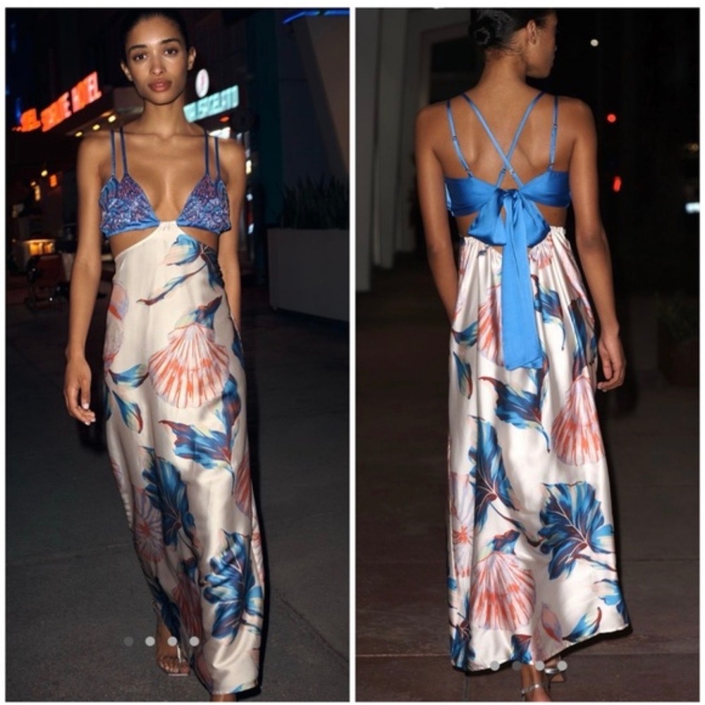 Anthro Celandine Shell Beaded Cut-Out Maxi Dress Tropical Print Blue Cream Sz XL
